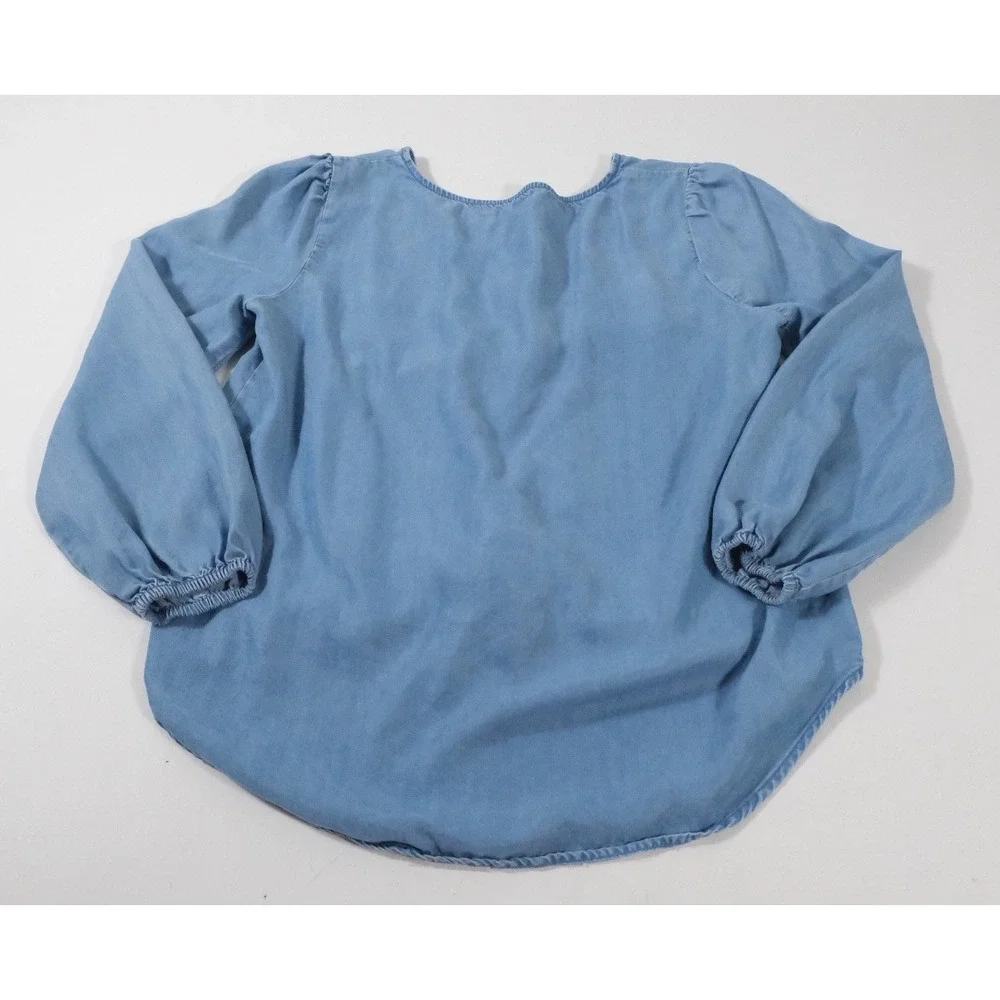 LOFT Blouse Womens SP Blue Chambray Lyocell Tie Front Button‎ V-Neck Top Boho